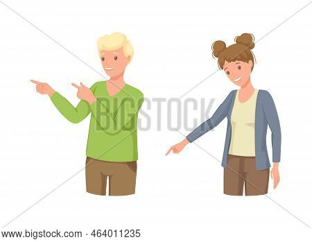Man And Woman Character Indicating Something Pointing With Index Finger As Hand Gesture Vector Set