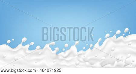 Realistic Milk Splash Banner. Yogurt Or Creamy Liquid, White Fluid On Blue. Dairy Wave, Ad Pithy Vec