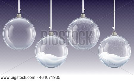 Realistic Glass Christmas Balls Hanging On Ribbons. Winter Crystal Xmas Bubble. Home Decoration 3d E