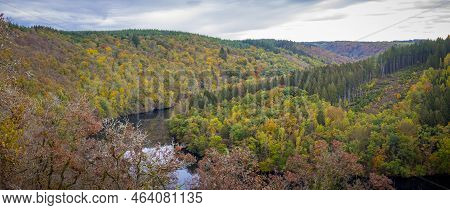 View On The Landscape Of Parc Naturel Des Deux Ourthes During Autumn In The Ardennes Of Wallnia, Bel