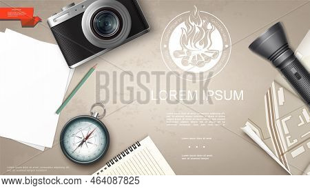Realistic Camping Elements Template With Camera Flashlight Map Notepad Navigational Compass Pencil A