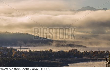 Beautiful Autumn Sunrise On Foggy Granby Lake In The Colorado Rocky Mountains
