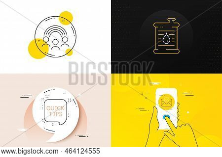 Minimal Set Of Inclusion, Oil Barrel And Quick Tips Line Icons. Phone Screen, Quote Banners. Approve