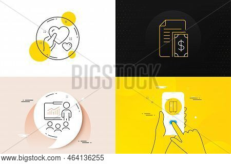 Minimal Set Of Payment, Presentation And Refrigerator Line Icons. Phone Screen, Quote Banners. Hold 
