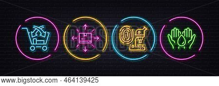 Cardboard Box, Fingerprint Research And Cross Sell Minimal Line Icons. Neon Laser 3d Lights. Safe Wa