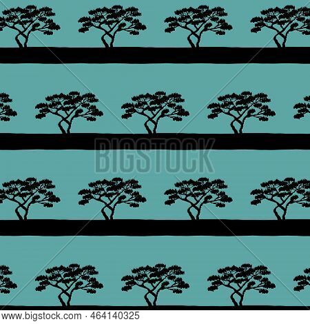 Black Baobab Tree On Green Emerald Background, Decorative Art Vector Illustration For Textile And De