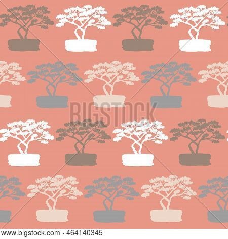 Pink Gray Pastel Desert Seamless Pattern For Textile And Design, Vector Illustration With A Tree