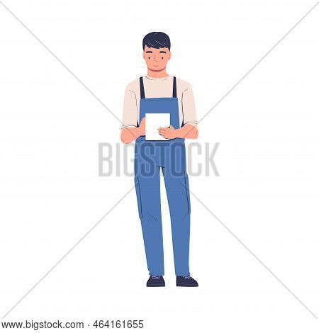 Repairman In Blue Overalls Standing And Writing Something Vector Illustration