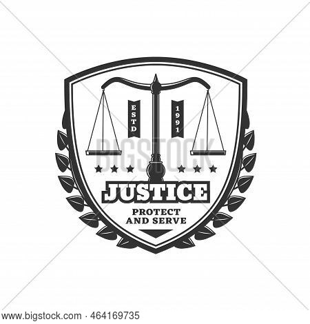 Justice Vector Icon, Scales Or Balance Of Justice On Heraldic Shield In Frame Of Laurel Wreath. Law 