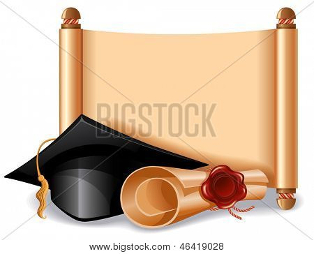 Background with graduation cap, diploma and place for your text. Vector illustration.