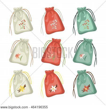 Small Fabric Bags With Laces Set. Vector Illustrations Of Sacks Of Different Colors. Cartoon White, 