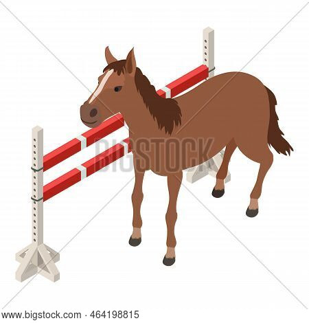 Horseback Riding Icon Isometric Vector. Racing Horse Near Equestrian Fence Icon. Equestrian Sport, H