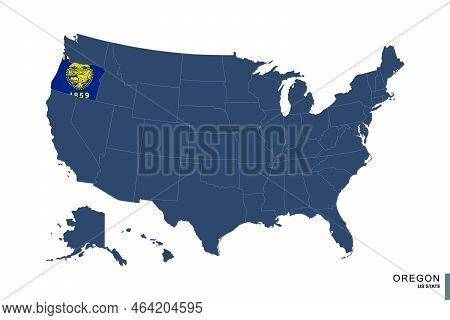 State Of Oregon On Blue Map Of United States Of America. Flag And Map Of Oregon. Vector Illustration