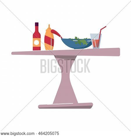 Cartoon Table With Food. Flat Vector Illustration. Frying Or Grilling Shashlik Or Square. Food, Cook