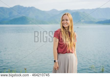 Woman Tourist On Background Of National Park Skadar Lake. Montenegro. Skadar Lake. Dawn. View From A