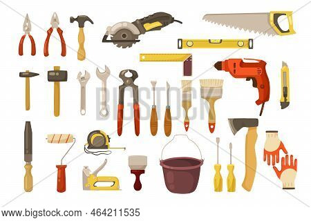 Construction Instruments Cartoon Illustration Set. Trowel, Hummer, Screwdriver, Ruler, Wood Plane, E