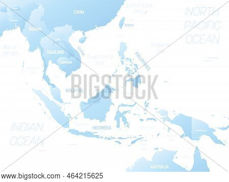 Southeast Asia - High Detailed Political Map Of Southeastern Region With Country, Ocean And Sea Name