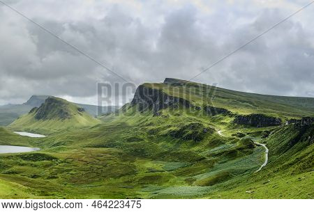 Quraing Mountains And Lakes Landscape,summer Season,the Isle Of Skye,highlands Of Scotland,uk.