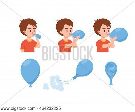 Little Boy Inflates Balloon, Rubber Balloon Blowing Process - Flat Vector Illustration Isolated On W