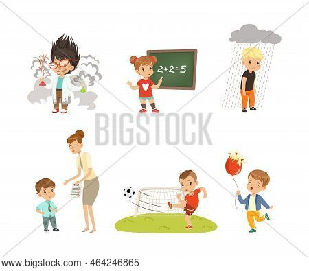 Frustrated Kids Experiencing Their Failures And Mistakes Vector Set