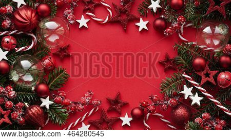 Merry Christmas And Happy New Year Concept Banner.red Balls,striped Lollipops,christmas Tree Branche