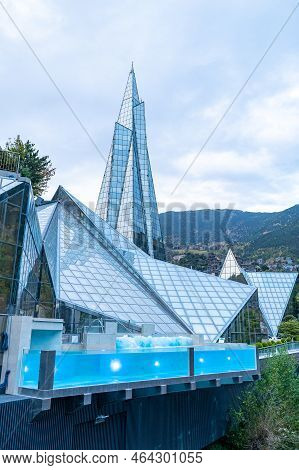 Escaldes - Engordany: 2022 October 26: Exterior Panorama Of The Caldea Thermal Center In Andorra And