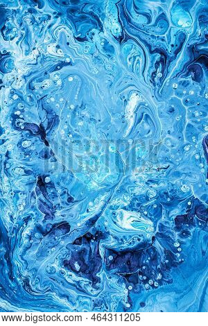 Free Flowing Blue And White Acrylic Paint. Random Waves And Curls. Abstract Marble Background Or Tex