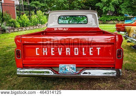 Des Moines, Ia - July 01, 2022: High Perspective Rear View Of A 1966 Chevrolet C10 Fleetside Pickup 