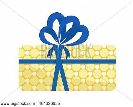 Yellow Polka Dots Present With Big Blue Bow. Birthday Gift. Flat, Cartoon, Vector
