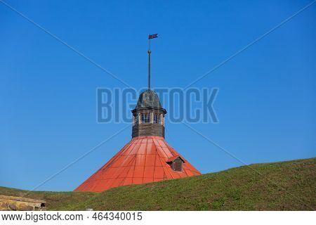 Korela Fortress In Priozersk, Russia. Stone Tower On The Background Of Blue Sky. Autumn Landscape Wi