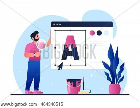 Concept Of Rebranding. Man Develops Design Elements For Website, Creates Interface For Programs And 
