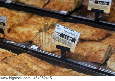 Chisinau, Moldova - October 15, 2022: Refrigerated Display Case With Pastries, Price Tag For Placind