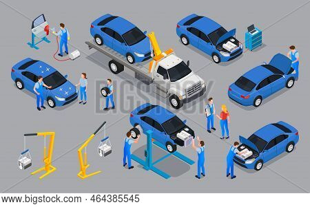 Car Service Isometric Icons Set Of Tow Truck With Faulty Car Workers And Workshop Equipment For Repa