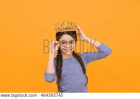 Smartest Princess. Long Awaited Reward. Little Smart Girl Wear Eyeglasses. Clever Child. Princess Co