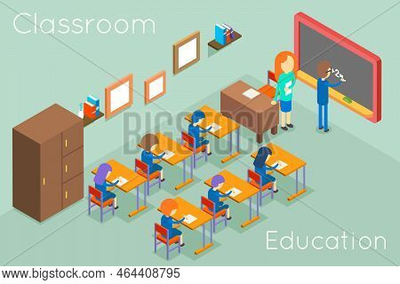 School Classroom Education Isometric Concept Vector. Classroom Interior For Lesson, Illustration Cla