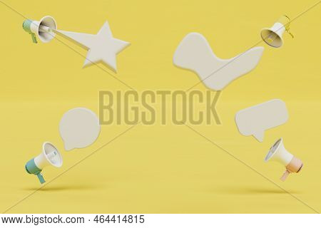 Different Forms Of Messages Flying Out Of Loudspeakers On A Yellow Background. Copy Paste, Copy Spac