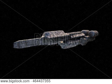 Futuristic Spaceship, Science Fiction Illustration, In Flight In Outer Space Black Background With S