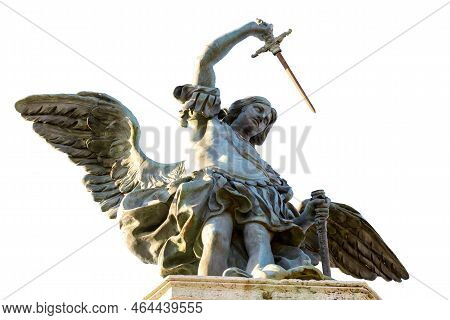 Saint Michael Archangel Statue Isolated On White Background, Rome, Italy. St Michael The Archangel W