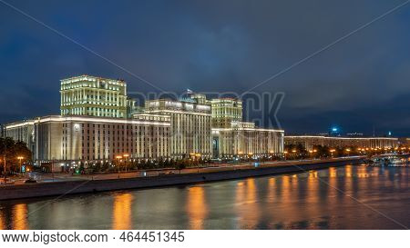 View Of The Ministry Of Defence Of Russian Federation, And Moscow River Embankment At Summer Night. 