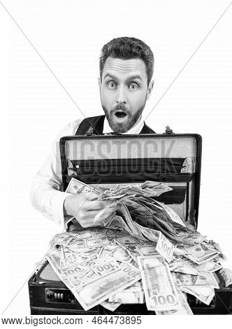 Financial Support. Investment. Shocked Businessperson With Money Case.