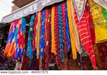 Jodhpur, Rajasthan, India - 20.10.2019 : Rajasthani Womens Clothes Are Hanging For Sale , Being Disp