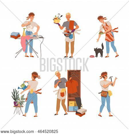 Househusband Doing Daily Routine Set. Man Ironing Clothes, Cooking, Watering Houseplants, Feeding Pe