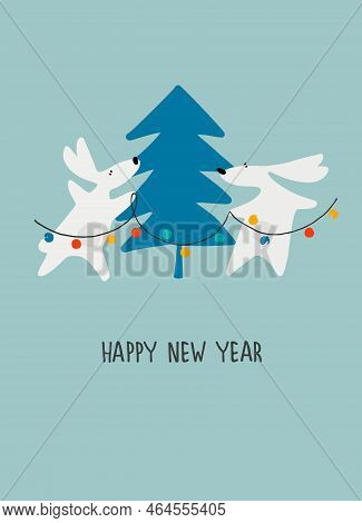 New Year Greeting Card With Water Rabbit, Zodiac Animal For 2023 And Hand-lettered Greeting Phrase