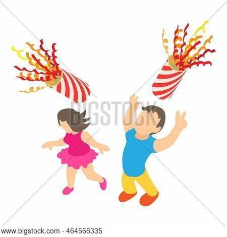 Fun People Icon Isometric Vector. Dancing Guy And Girl With Confetti Popper Icon. Holiday Atmosphere