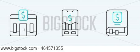 Set Line Financial Book, Bank Building And Mobile Stock Trading Icon. Vector