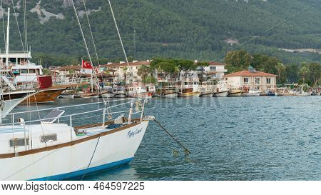 Marmaris, Akyaka, Turkey - July 2022: Boats In Akyaka Marina With A View Of Azmak River