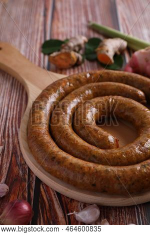 Local Northern Thai Food , Northern Thai Spicy Sausage Street Food Isolated In White Background