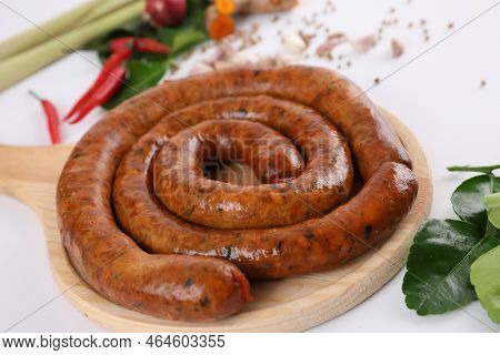 Local Northern Thai Food , Northern Thai Spicy Sausage Street Food Isolated In White Background