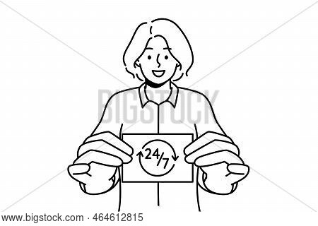 Smiling Woman Holding Business Card Showing 24 7 Service. Happy Female Present Card With All Day Ass
