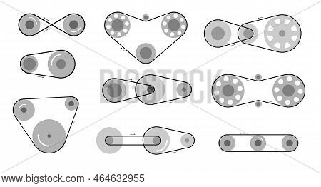 Collection Of Vector Drawing Belt Sets With Various Size Rollers And Direction Arrows